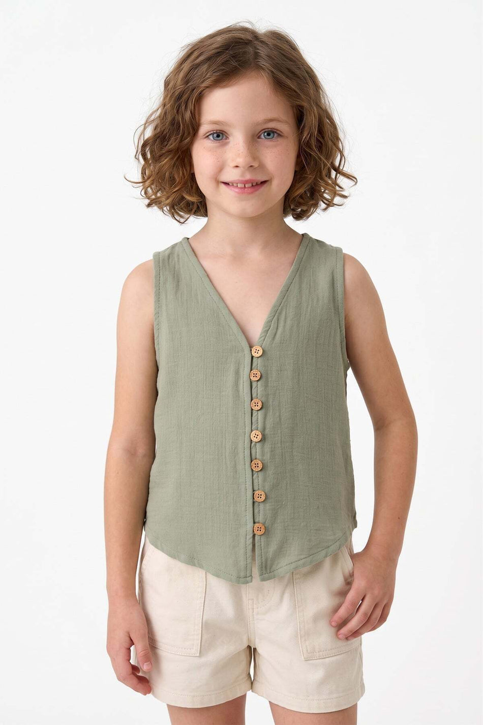 Buttoned V-Neck Muslin Fabric Girls' Vest - MALLTURK