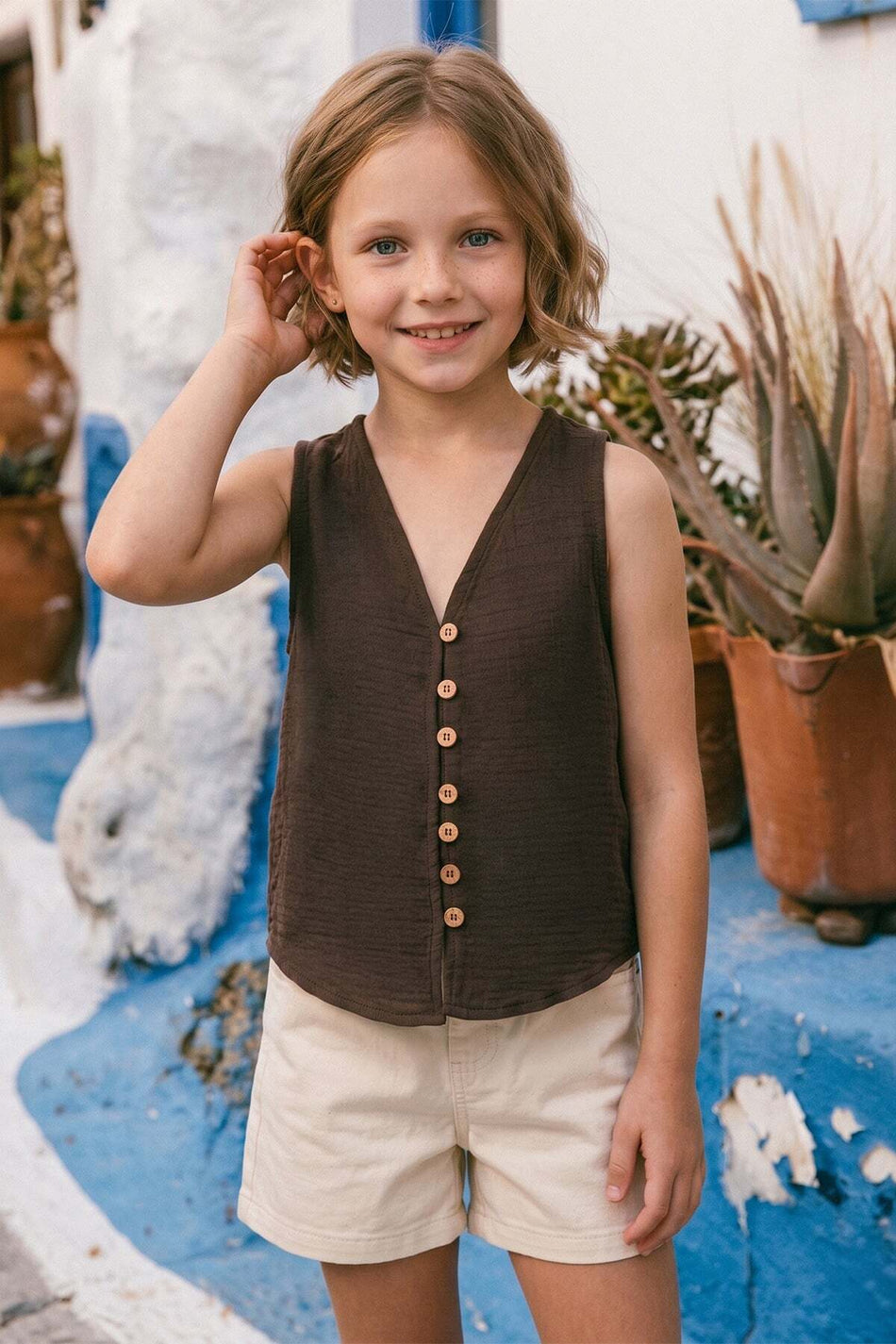 Buttoned V-Neck Muslin Fabric Girls' Vest - MALLTURK