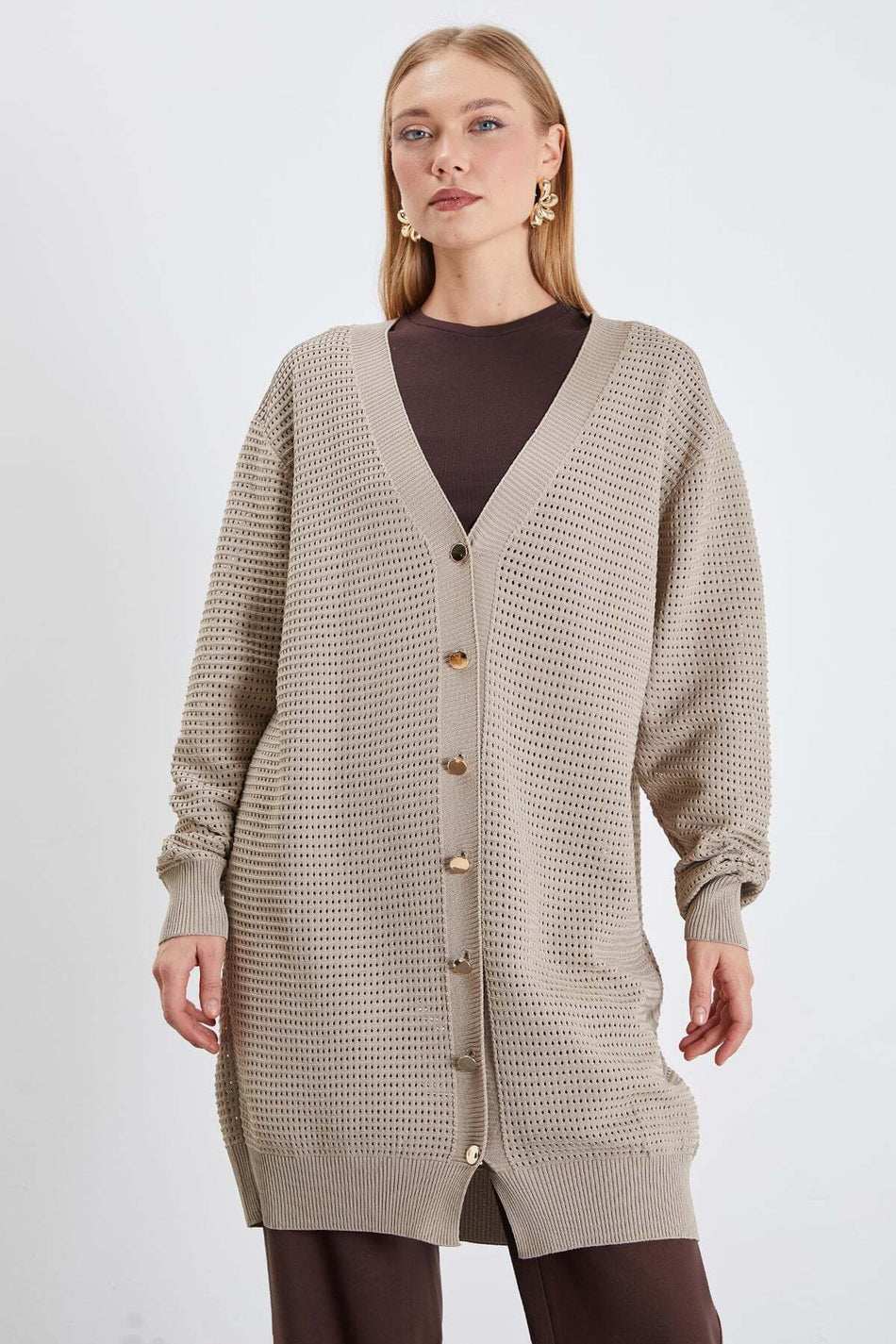 Buttoned V-Neck Openwork Loose Knitwear Cardigan - MALLTURK