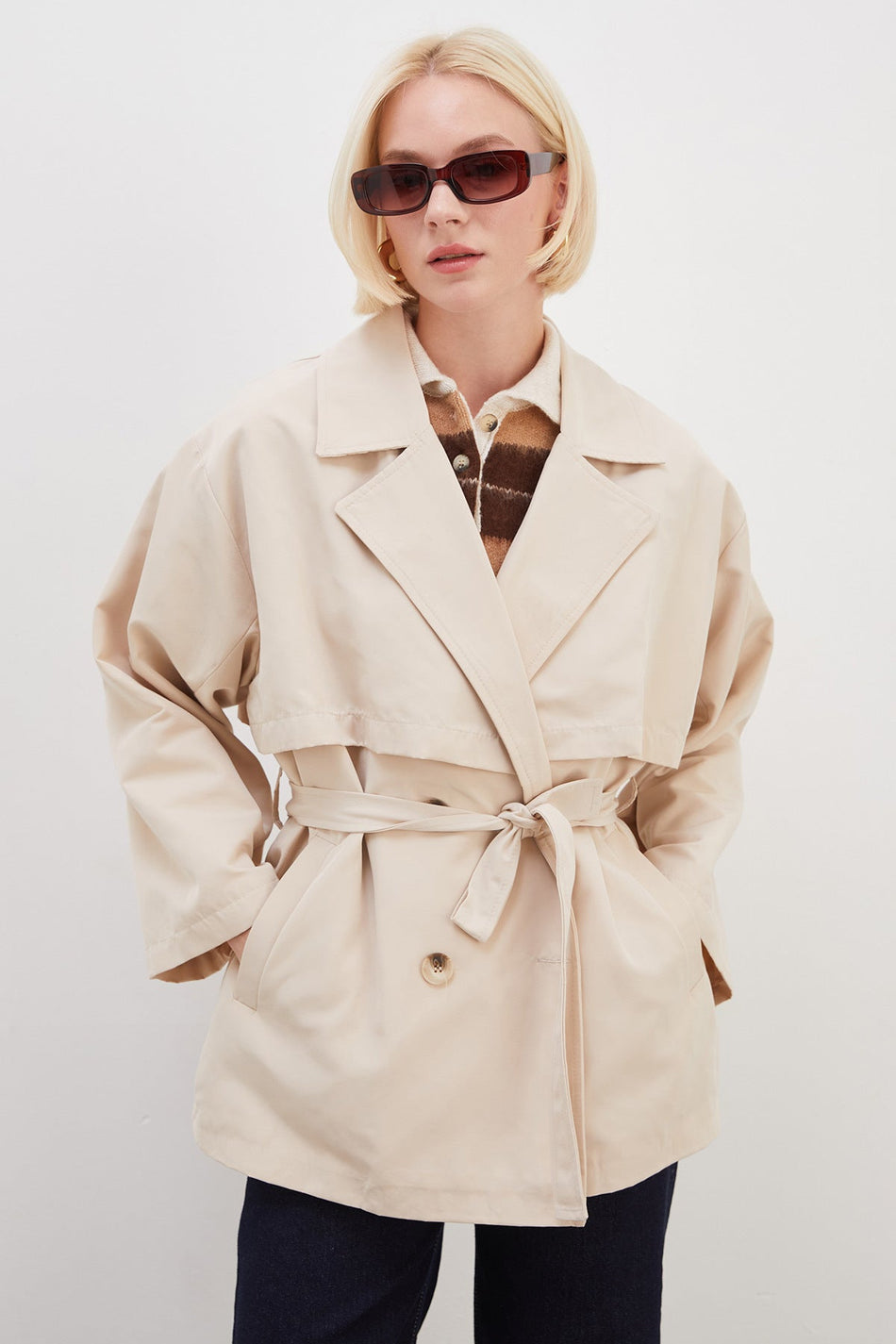 Cape and Belted Wide Sleeve Oversize Trench Coat - MALLTURK