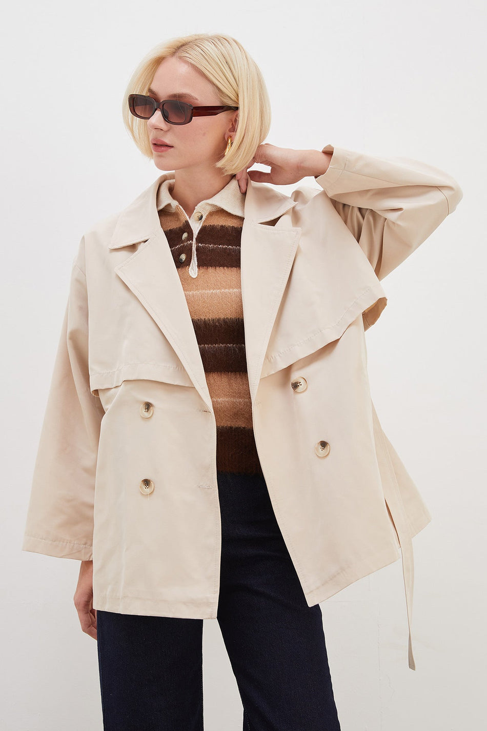 Cape and Belted Wide Sleeve Oversize Trench Coat - MALLTURK