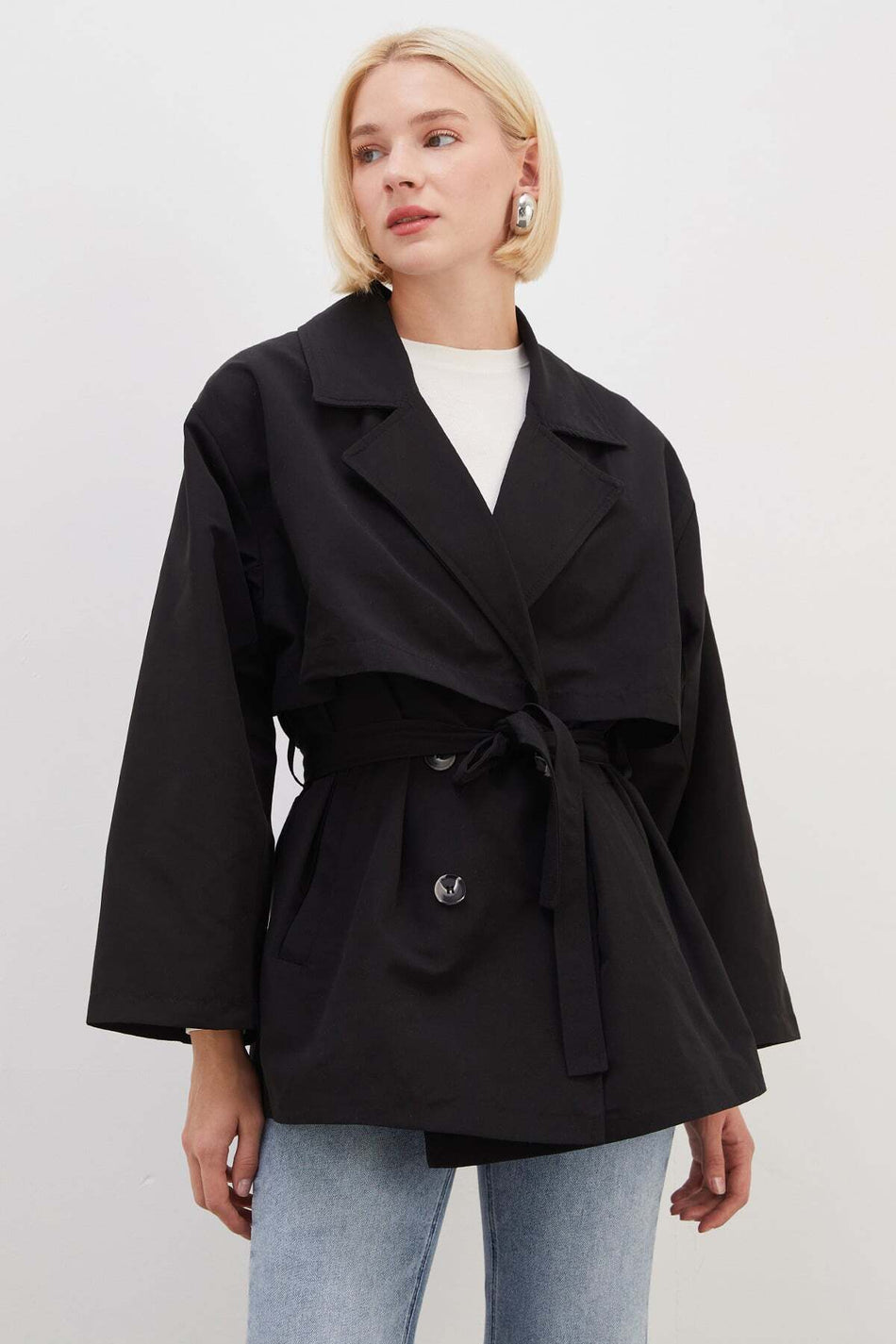 Cape and Belted Wide Sleeve Oversize Trench Coat - MALLTURK
