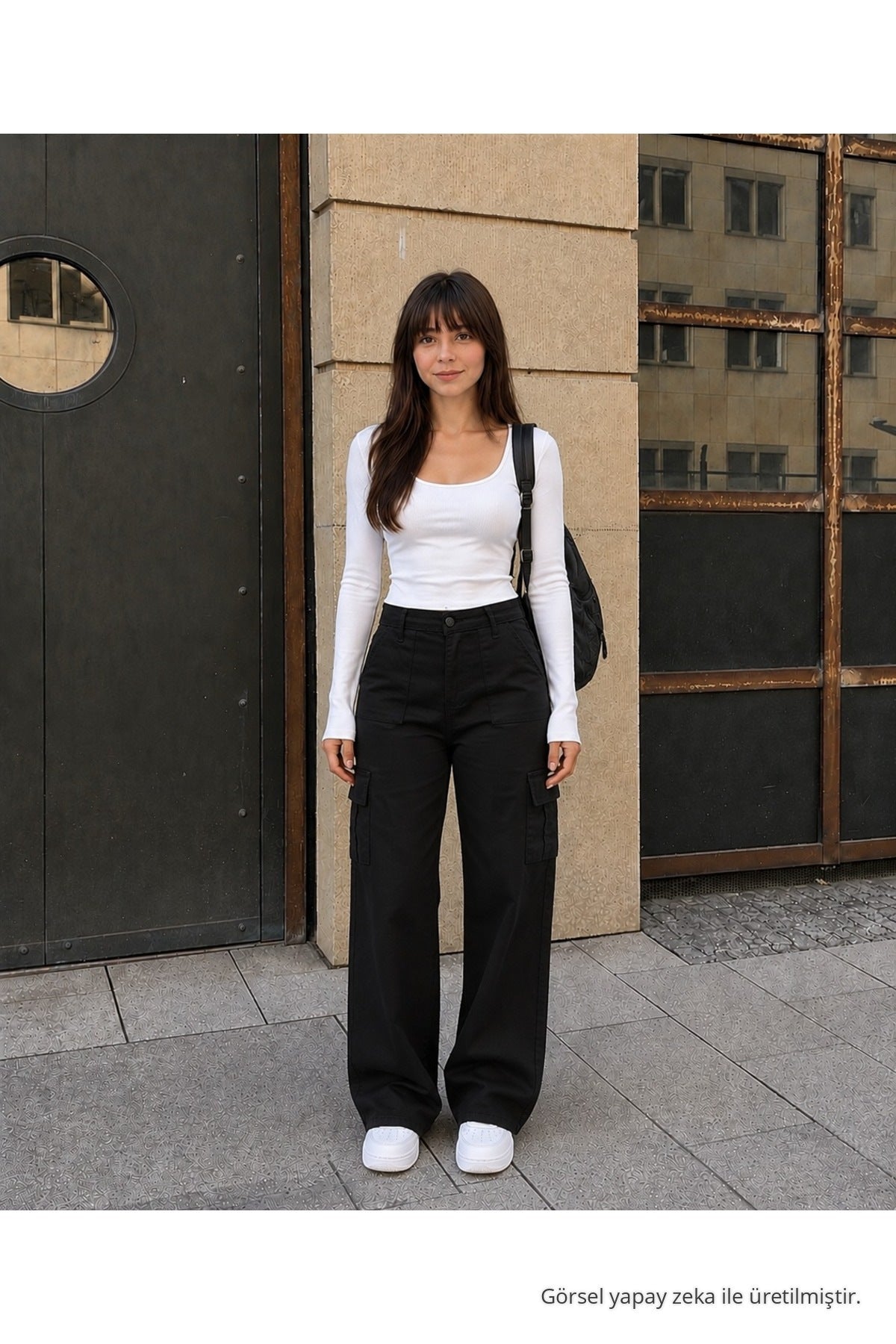 Cargo Pocket Lycra High Waist Wide Leg School Pants, Black - MALLTURK
