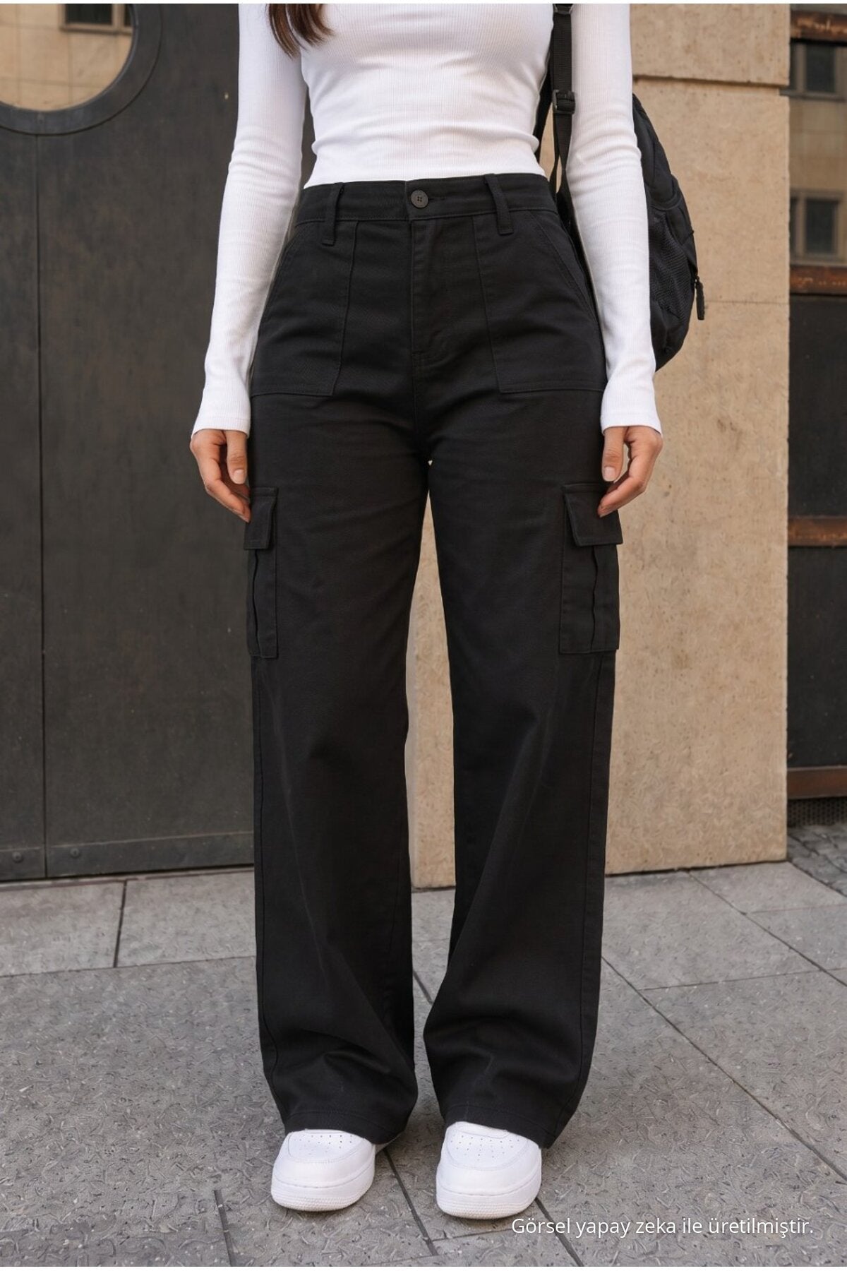 Cargo Pocket Lycra High Waist Wide Leg School Pants, Black - MALLTURK