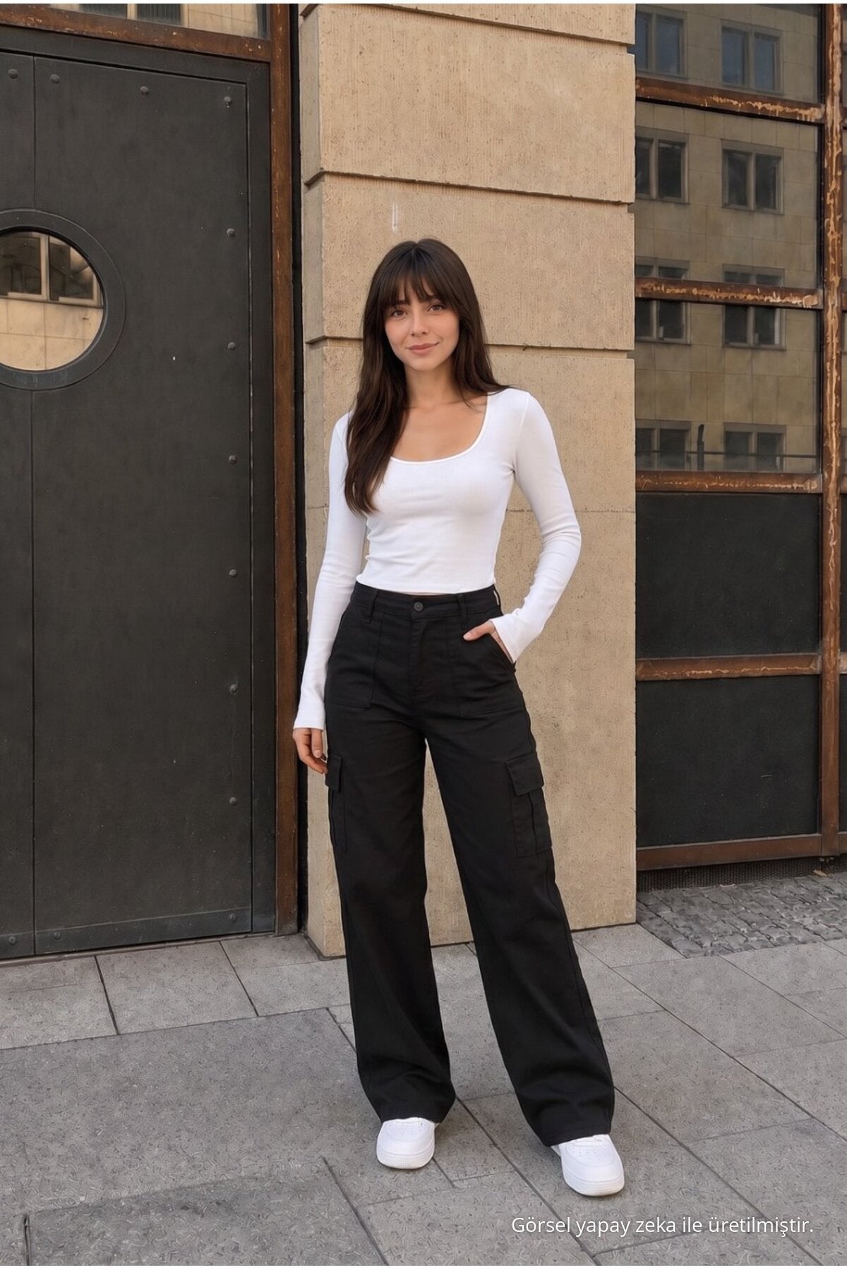 Cargo Pocket Lycra High Waist Wide Leg School Pants, Black - MALLTURK