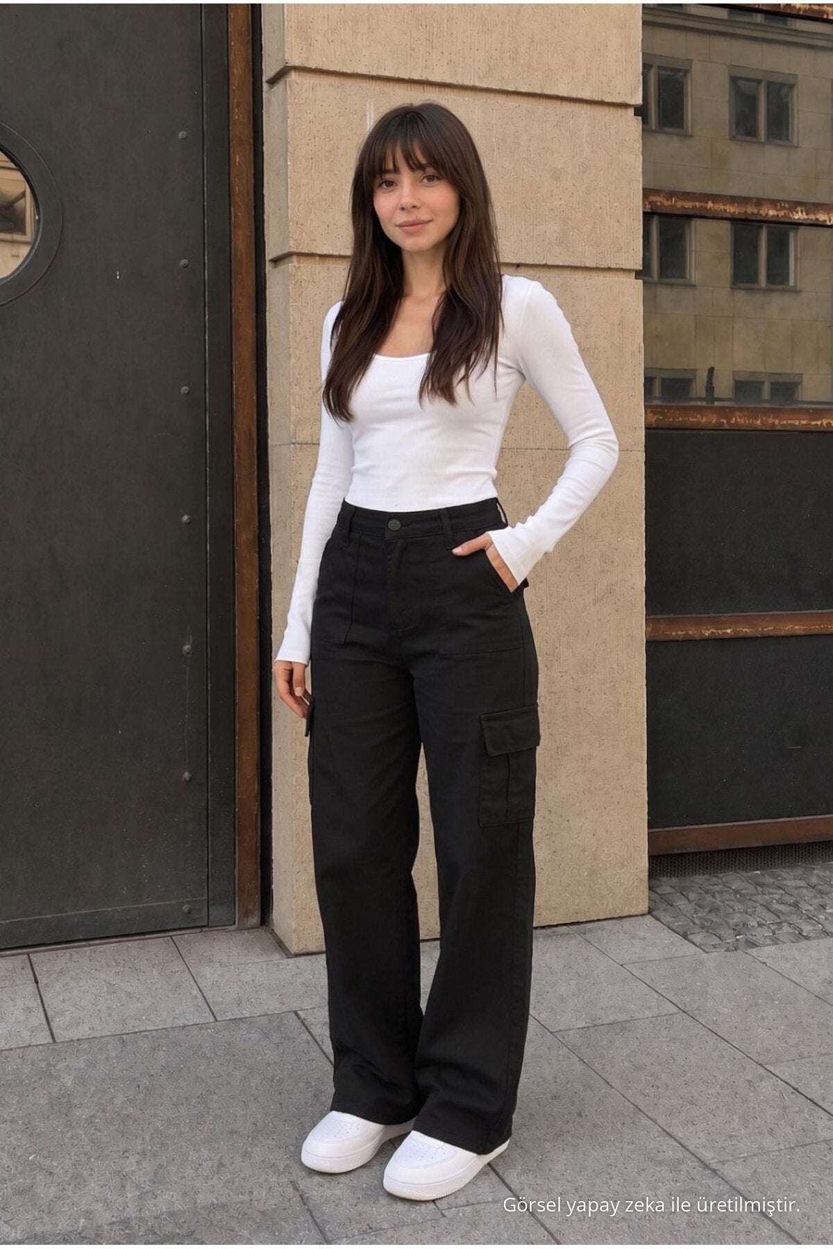 Cargo Pocket Lycra High Waist Wide Leg School Pants, Black - MALLTURK