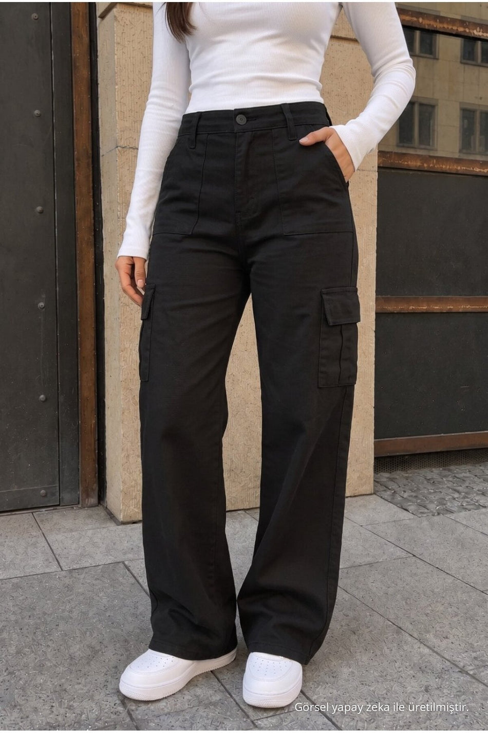Cargo Pocket Lycra High Waist Wide Leg School Pants, Black - MALLTURK