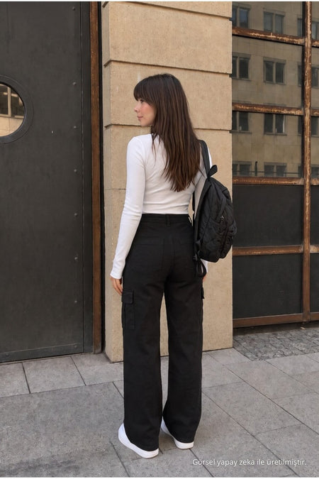 Cargo Pocket Lycra High Waist Wide Leg School Pants, Black - MALLTURK