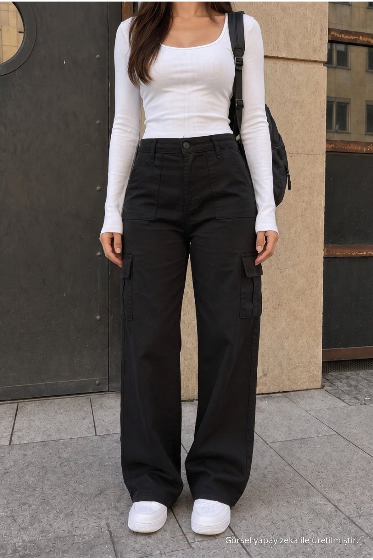 Cargo Pocket Lycra High Waist Wide Leg School Pants, Black - MALLTURK