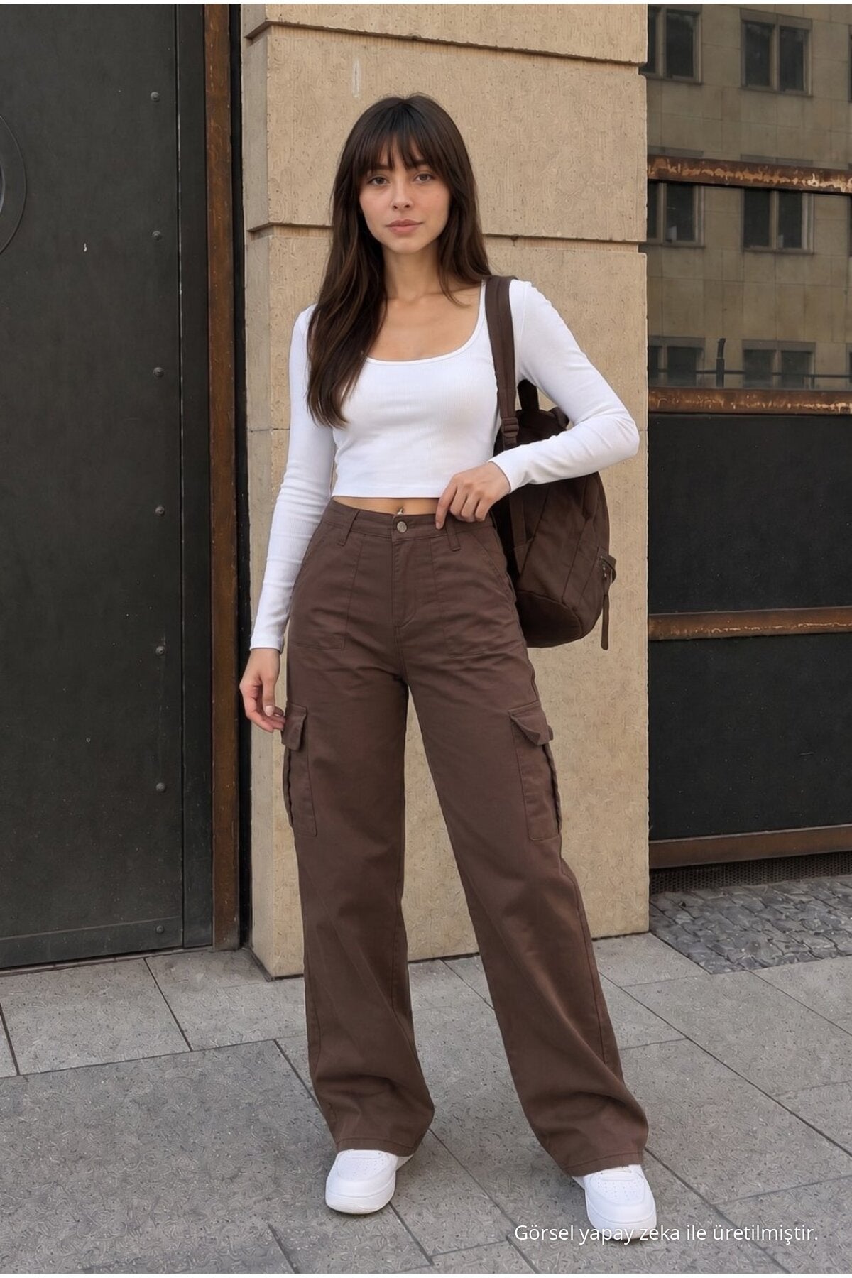 Cargo Pocket Lycra High Waist Wide Leg School Pants Brown - MALLTURK