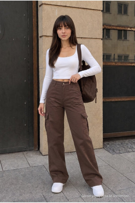 Cargo Pocket Lycra High Waist Wide Leg School Pants Brown - MALLTURK