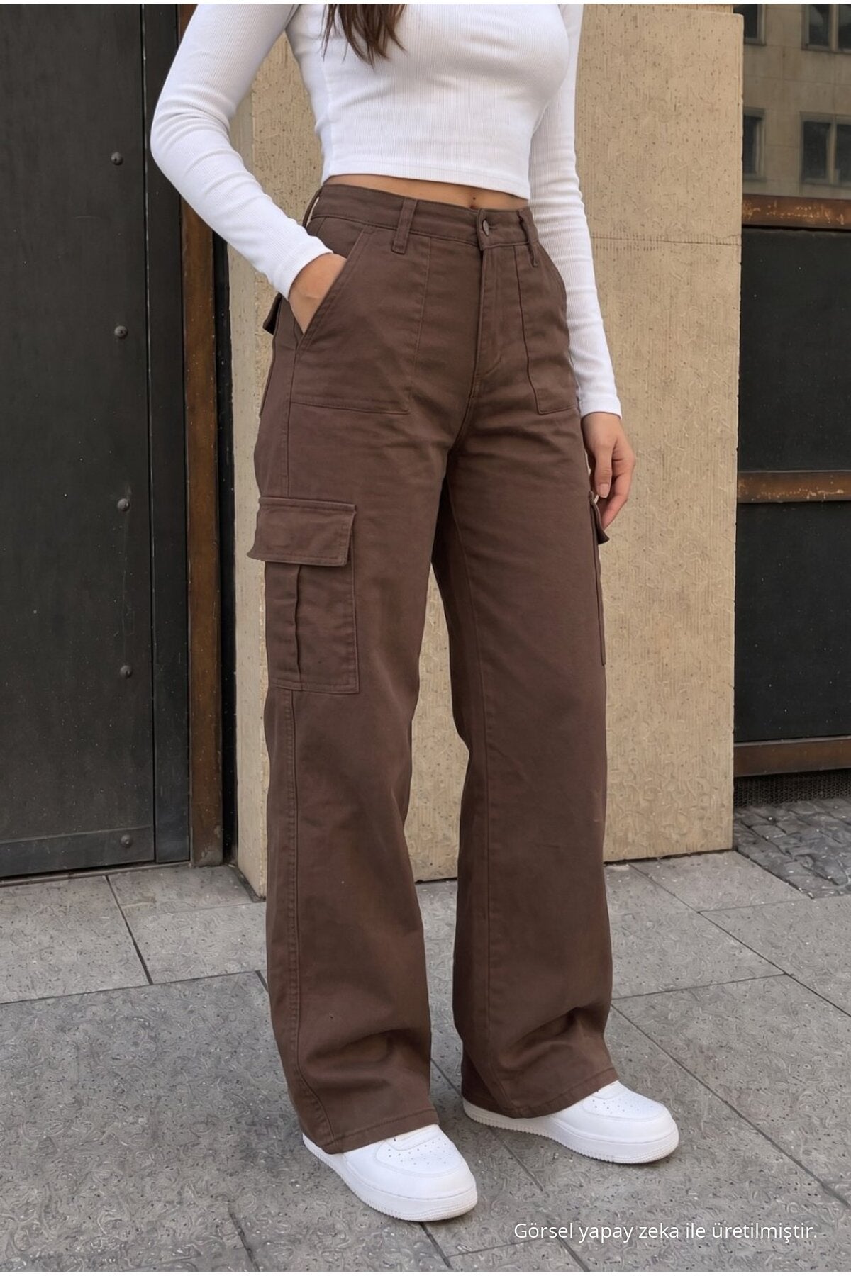 Cargo Pocket Lycra High Waist Wide Leg School Pants Brown - MALLTURK
