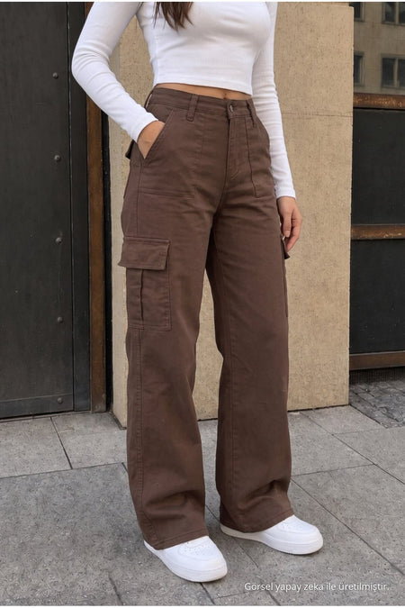 Cargo Pocket Lycra High Waist Wide Leg School Pants Brown - MALLTURK