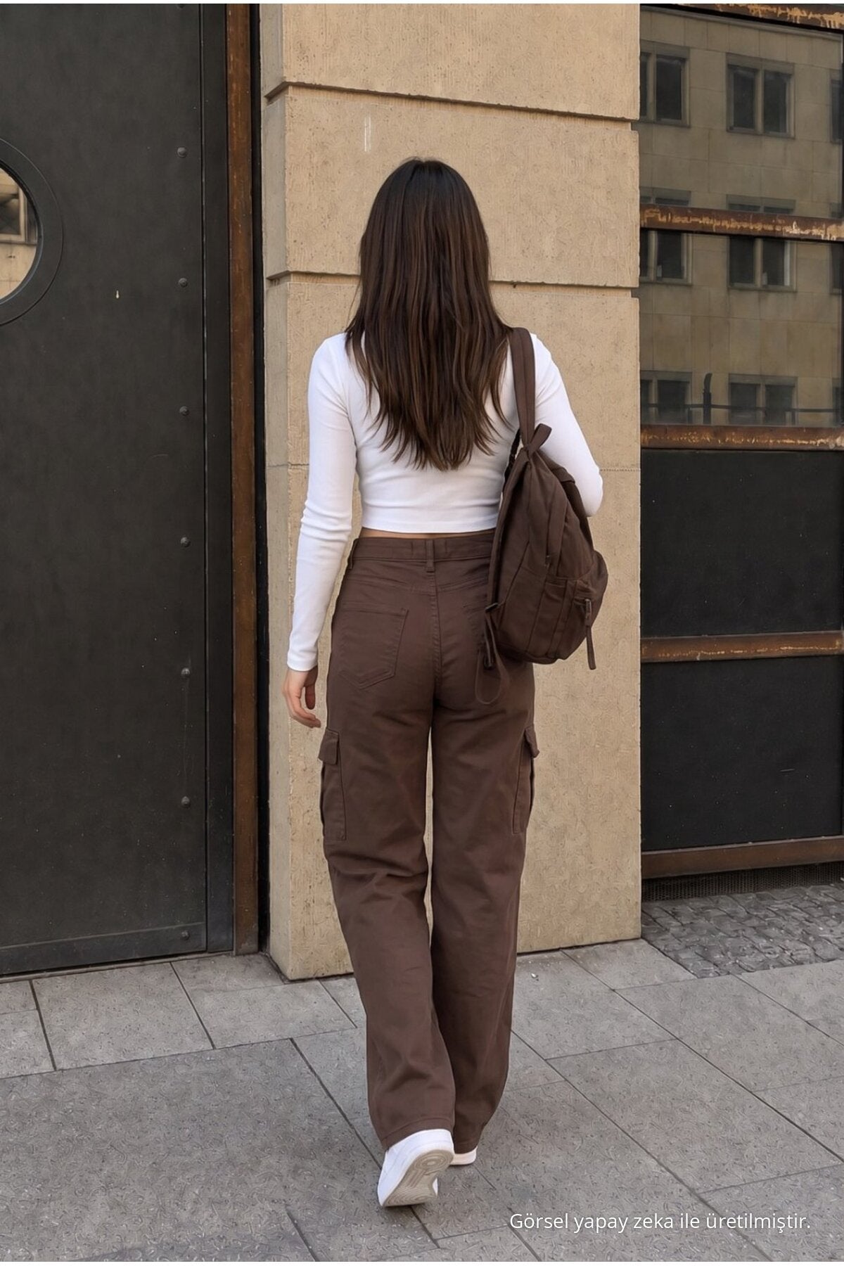 Cargo Pocket Lycra High Waist Wide Leg School Pants Brown - MALLTURK
