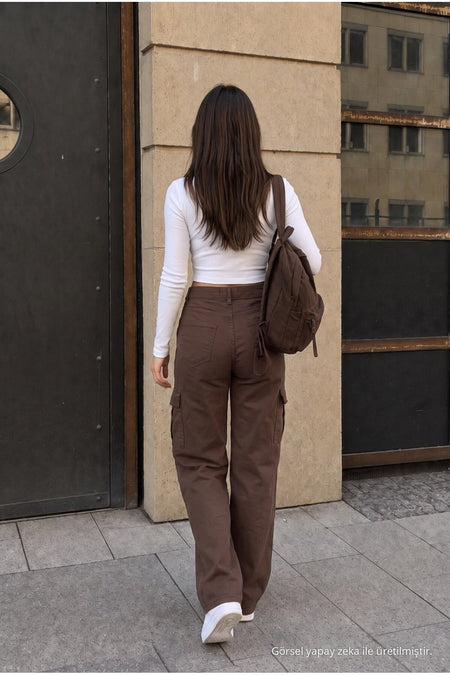 Cargo Pocket Lycra High Waist Wide Leg School Pants Brown - MALLTURK