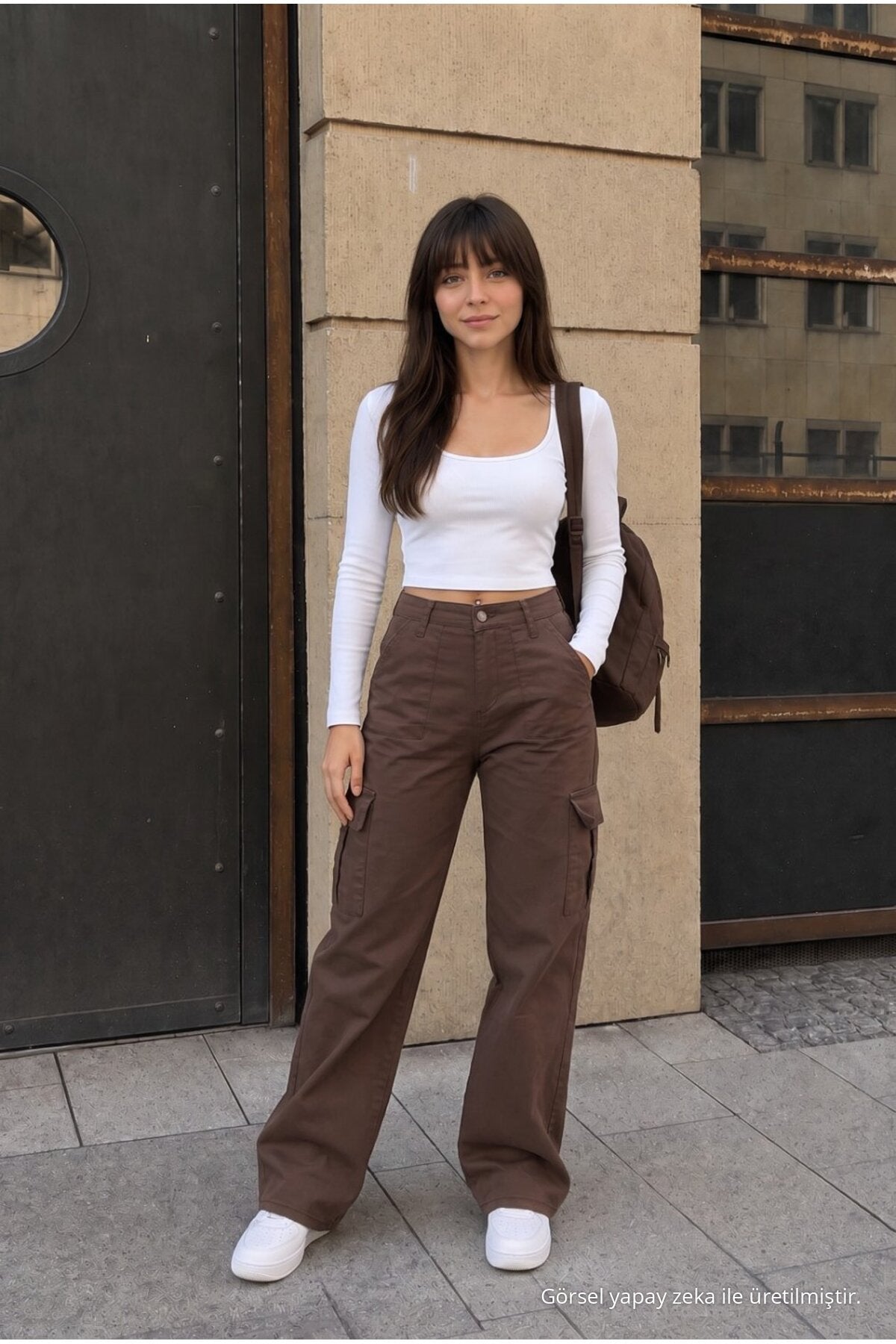 Cargo Pocket Lycra High Waist Wide Leg School Pants Brown - MALLTURK