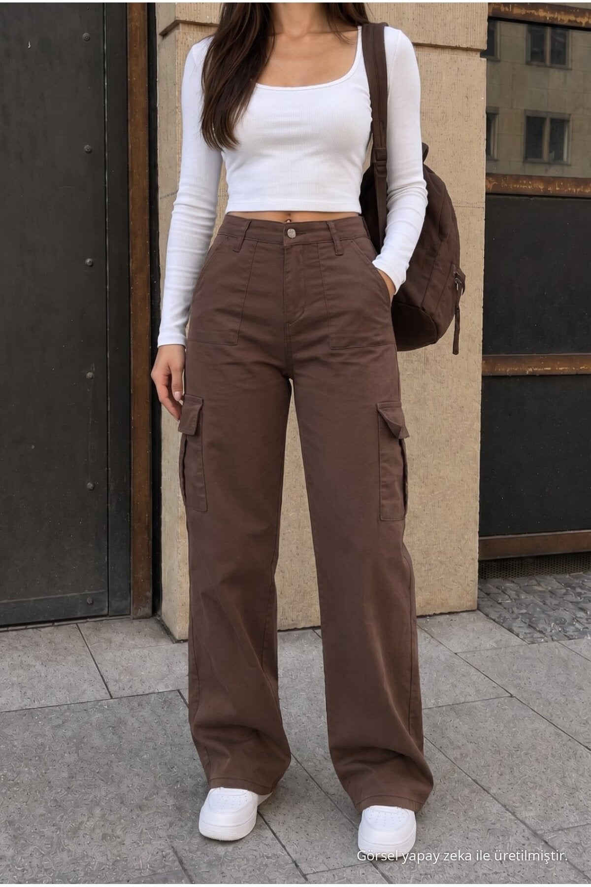 Cargo Pocket Lycra High Waist Wide Leg School Pants Brown - MALLTURK