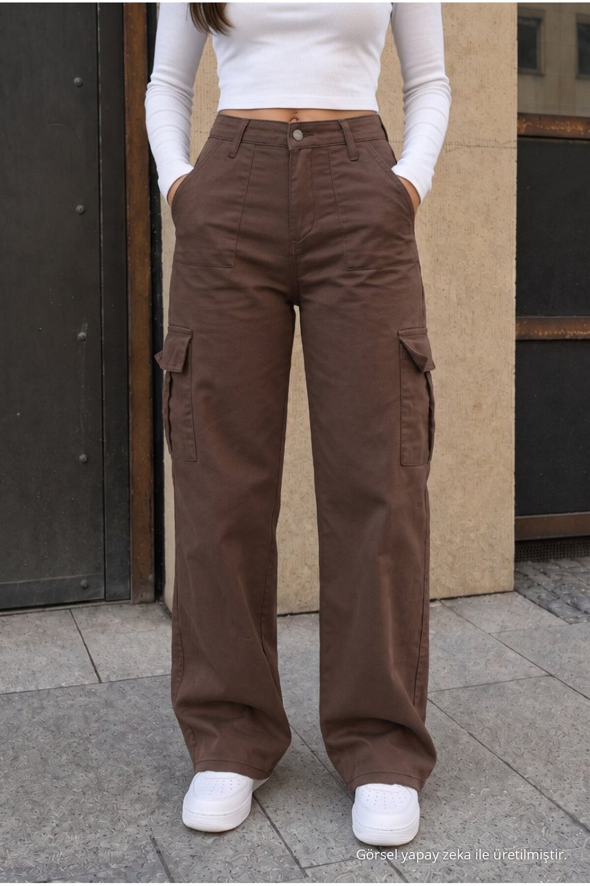 Cargo Pocket Lycra High Waist Wide Leg School Pants Brown - MALLTURK