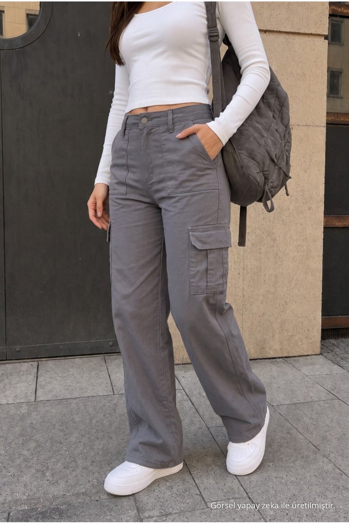 Cargo Pocket Lycra High Waist Wide Leg School Pants Grey - MALLTURK