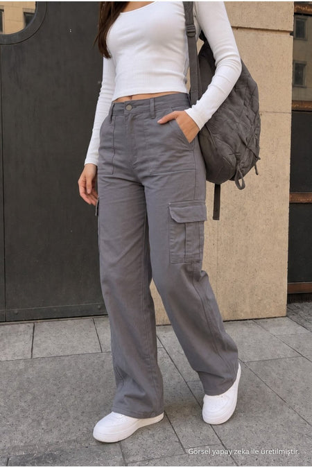 Cargo Pocket Lycra High Waist Wide Leg School Pants Grey - MALLTURK