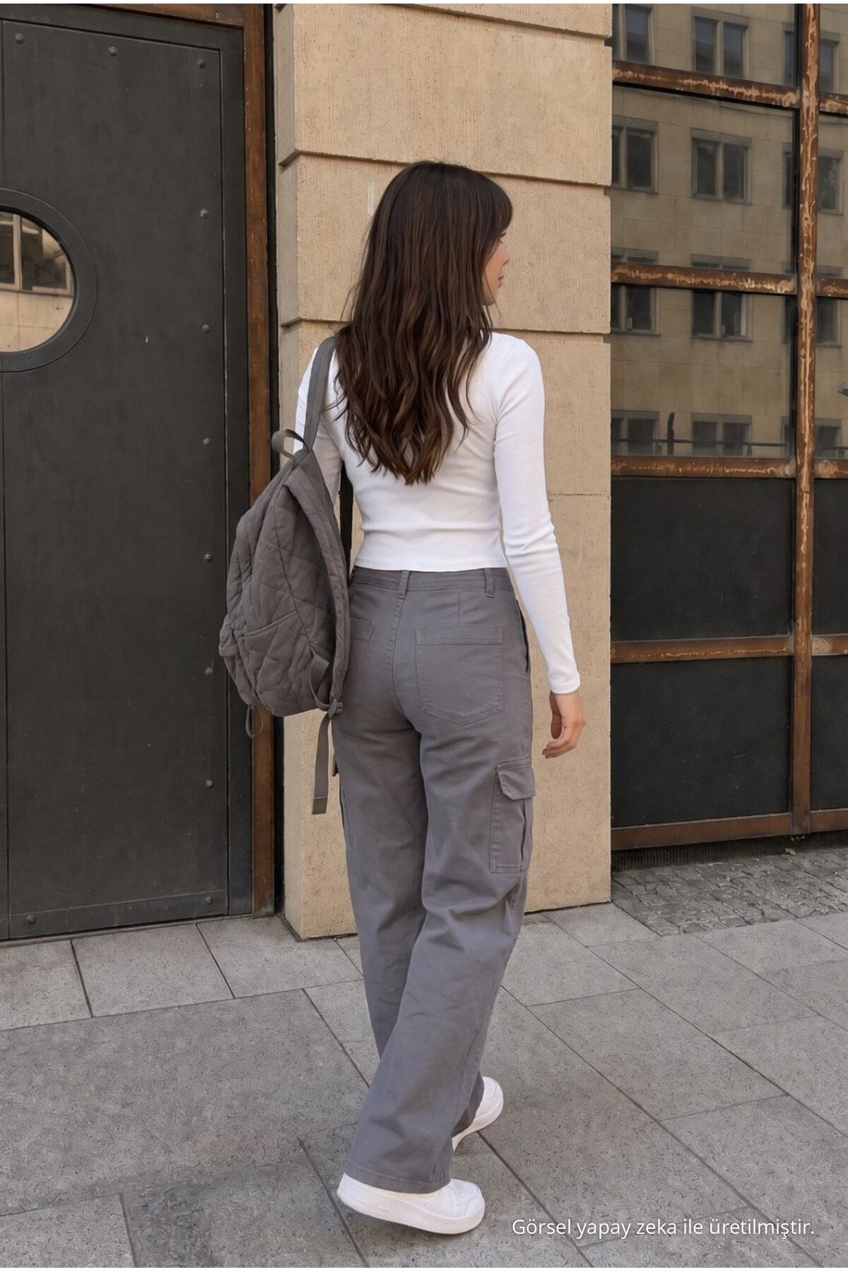 Cargo Pocket Lycra High Waist Wide Leg School Pants Grey - MALLTURK