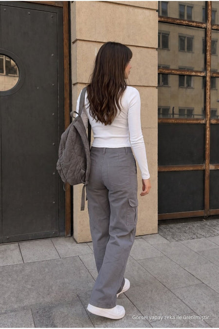 Cargo Pocket Lycra High Waist Wide Leg School Pants Grey - MALLTURK