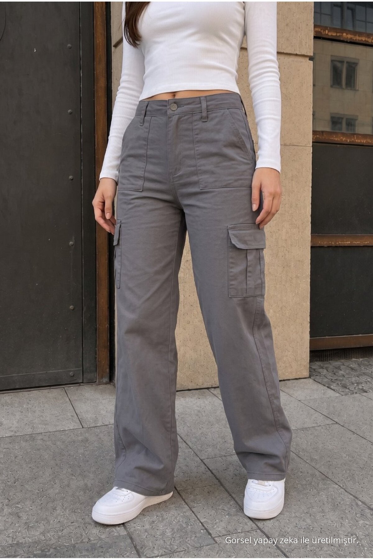 Cargo Pocket Lycra High Waist Wide Leg School Pants Grey - MALLTURK