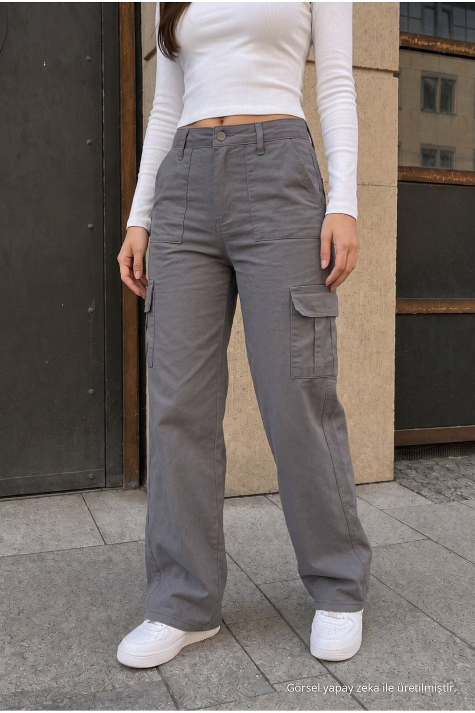 Cargo Pocket Lycra High Waist Wide Leg School Pants Grey - MALLTURK