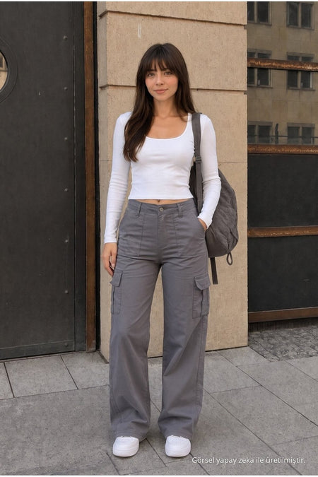 Cargo Pocket Lycra High Waist Wide Leg School Pants Grey - MALLTURK