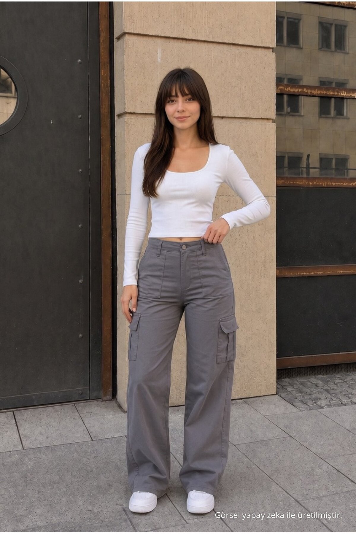 Cargo Pocket Lycra High Waist Wide Leg School Pants Grey - MALLTURK