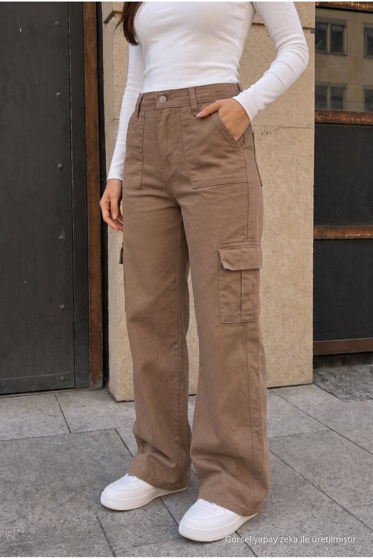 Cargo Pocket Lycra High Waist Wide Leg School Pants, Mink - MALLTURK