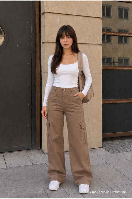 Cargo Pocket Lycra High Waist Wide Leg School Pants, Mink - MALLTURK