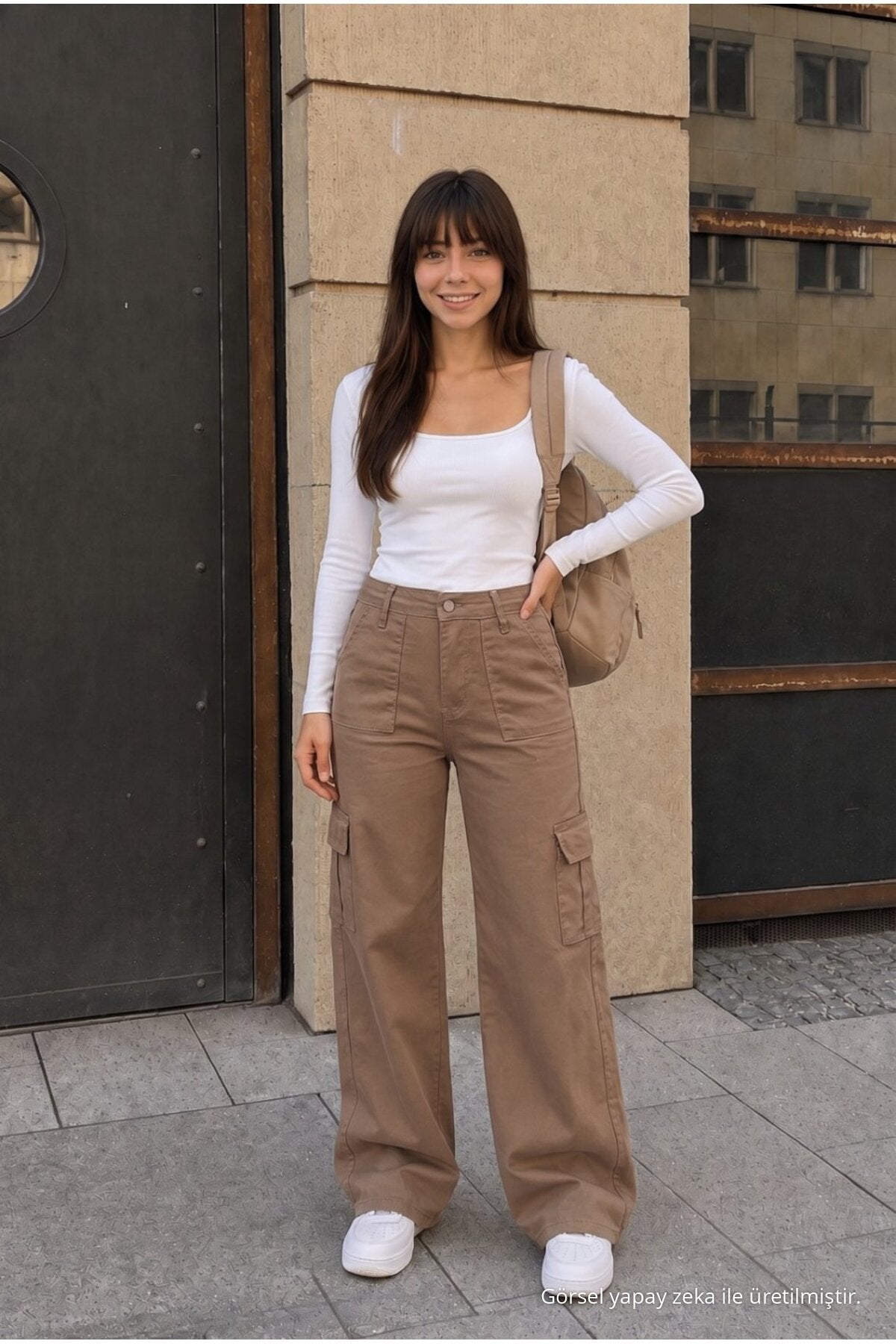 Cargo Pocket Lycra High Waist Wide Leg School Pants, Mink - MALLTURK