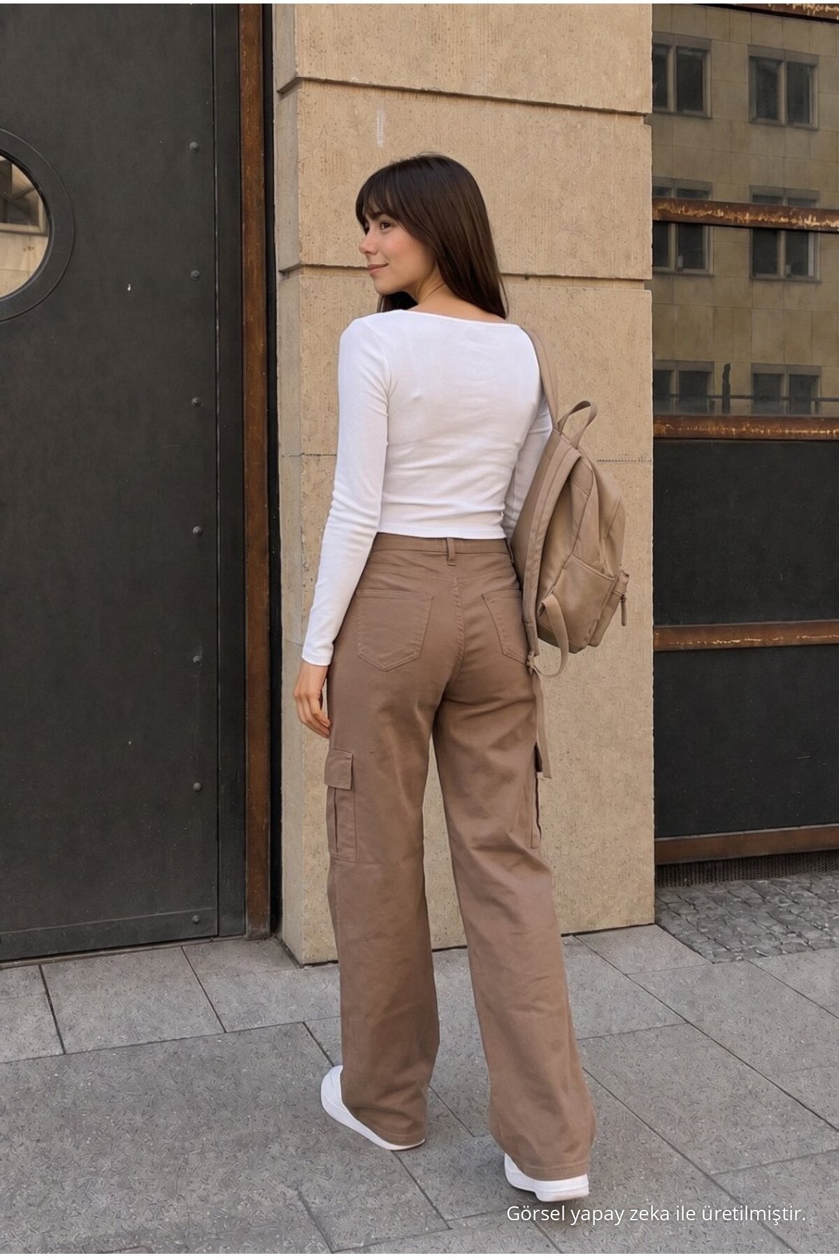Cargo Pocket Lycra High Waist Wide Leg School Pants, Mink - MALLTURK