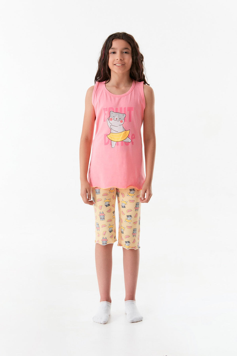 Cat Printed Crew Neck Girl's Pajamas Set - MALLTURK