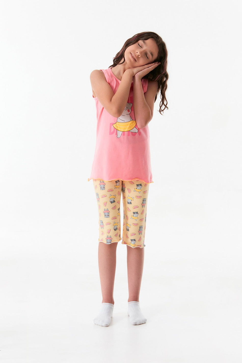 Cat Printed Crew Neck Girl's Pajamas Set - MALLTURK