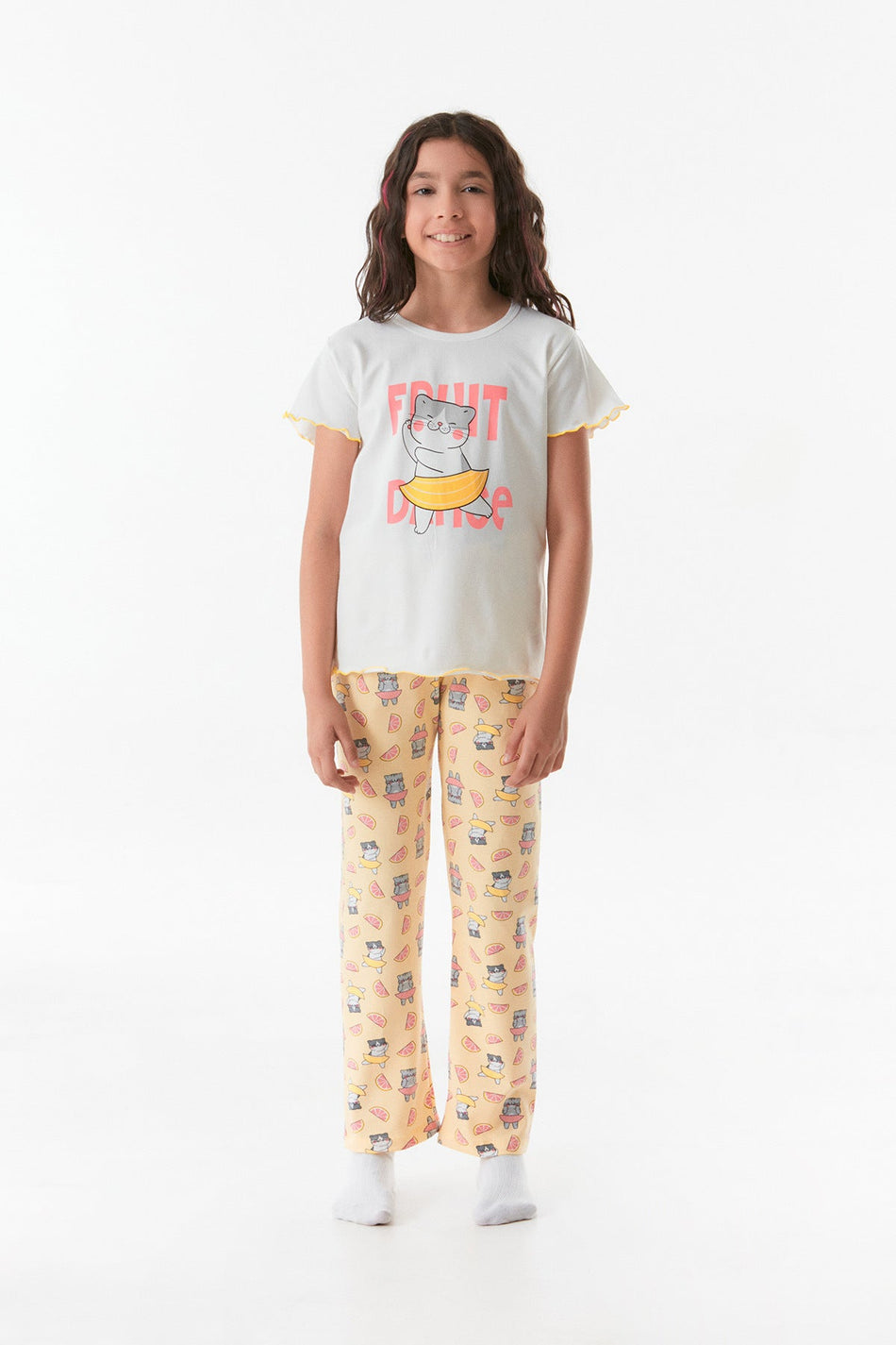 Cat Printed Crew Neck Girl's Pajamas Set - MALLTURK