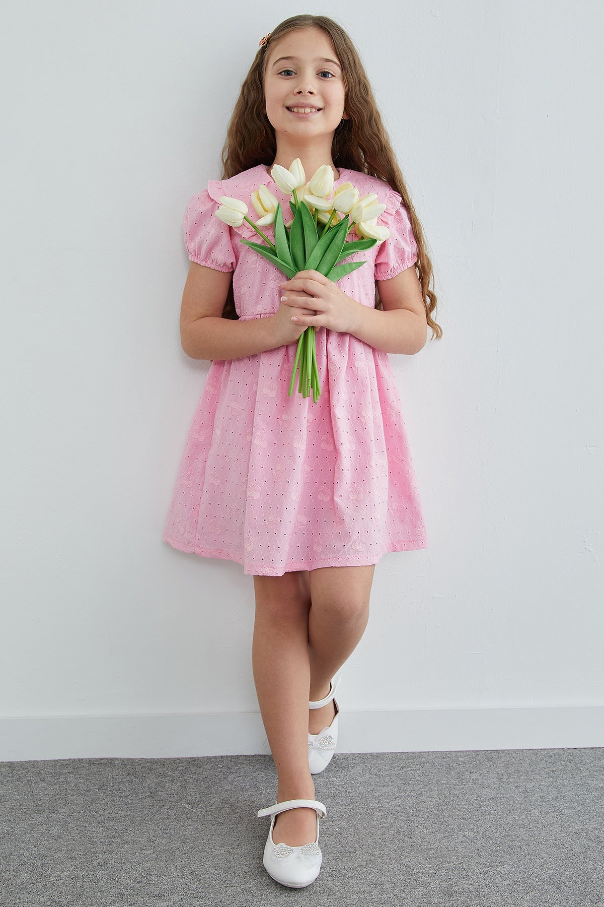 Cherry Embroidered Brode Detailed Baby Collar Girl's Dress - MALLTURK