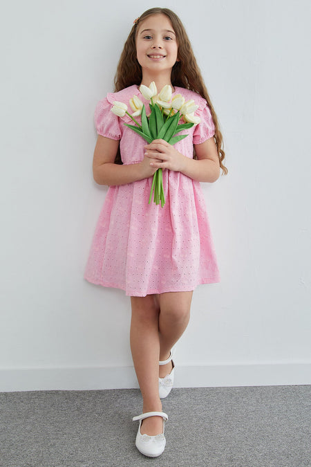 Cherry Embroidered Brode Detailed Baby Collar Girl's Dress - MALLTURK