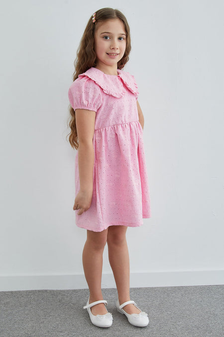 Cherry Embroidered Brode Detailed Baby Collar Girl's Dress - MALLTURK
