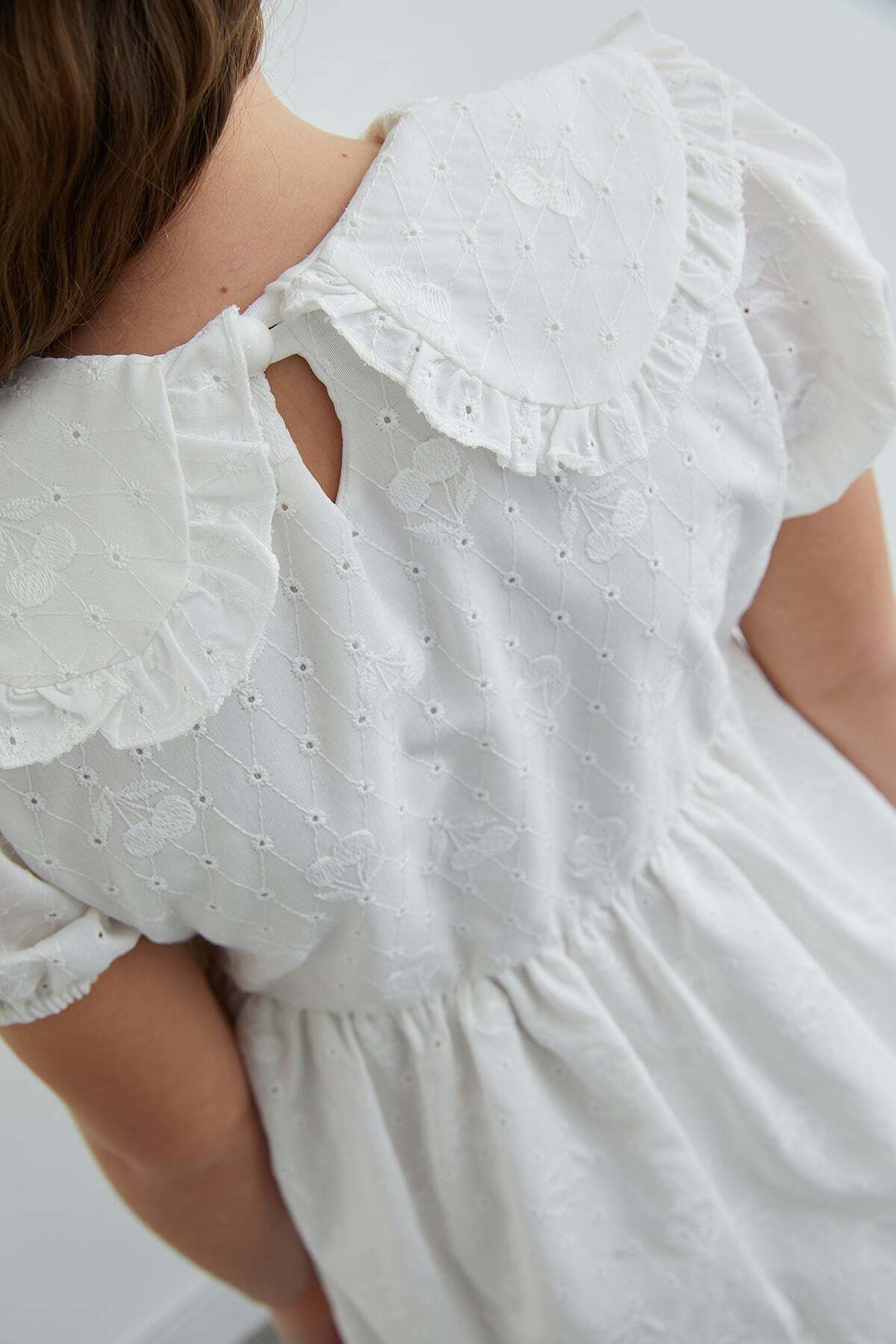 Cherry Embroidered Brode Detailed Baby Collar Girl's Dress - MALLTURK