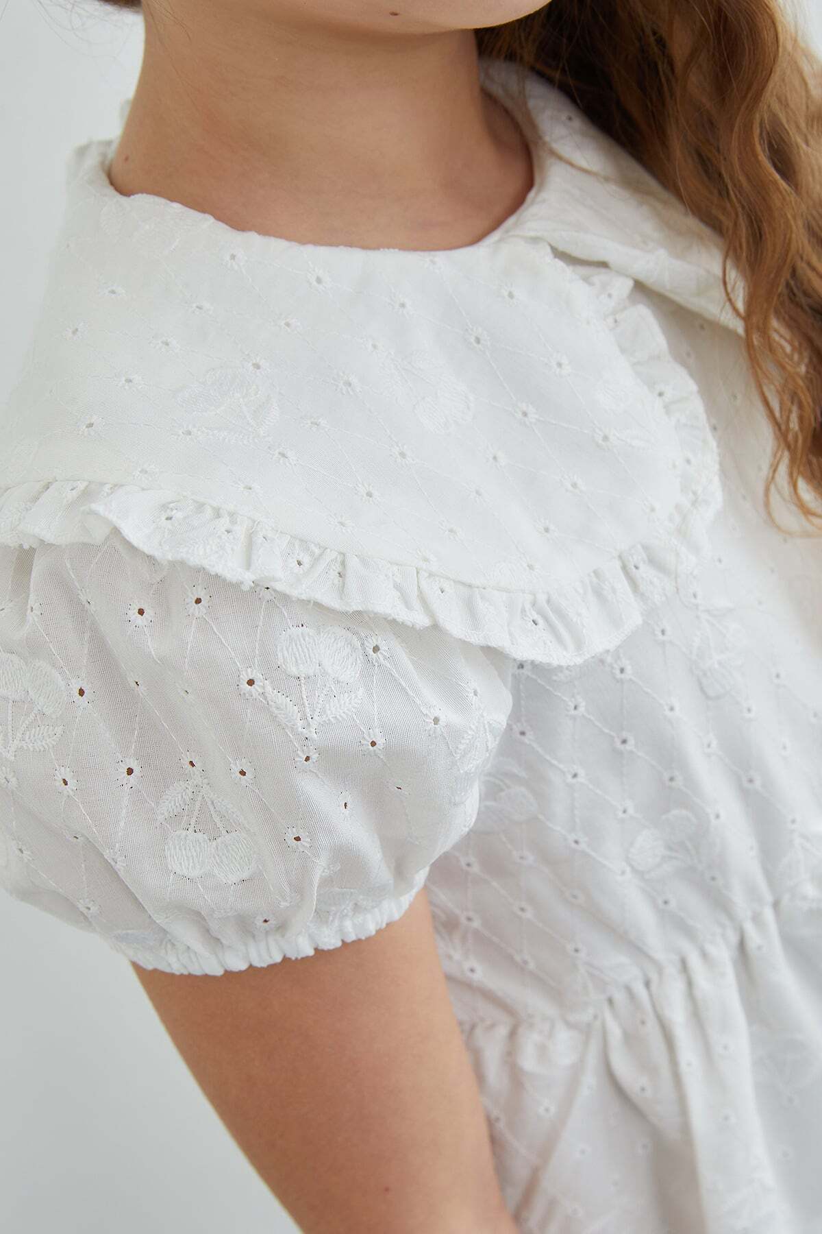 Cherry Embroidered Brode Detailed Baby Collar Girl's Dress - MALLTURK