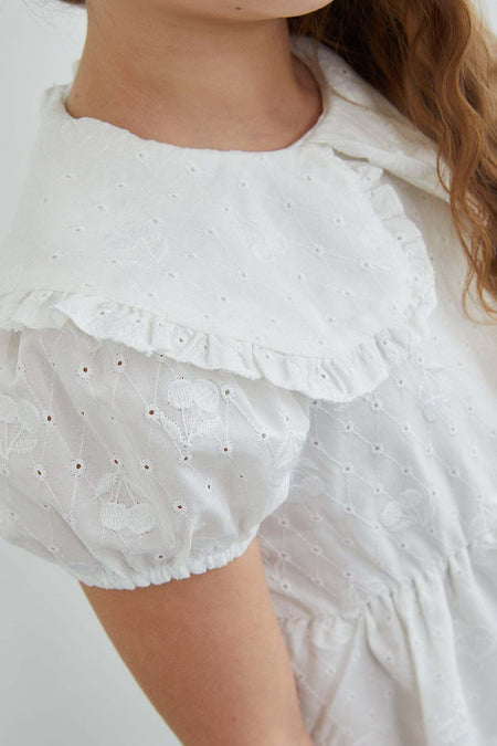 Cherry Embroidered Brode Detailed Baby Collar Girl's Dress - MALLTURK