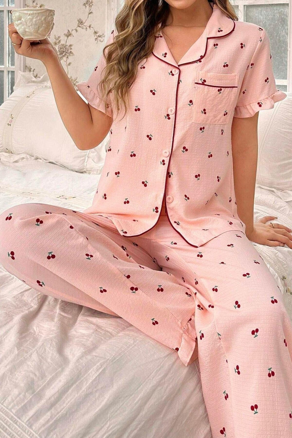 Cherry patterned buttoned baby collar long pajama set - MALLTURK