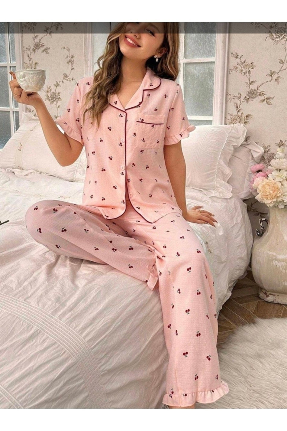 Cherry patterned buttoned baby collar long pajama set - MALLTURK