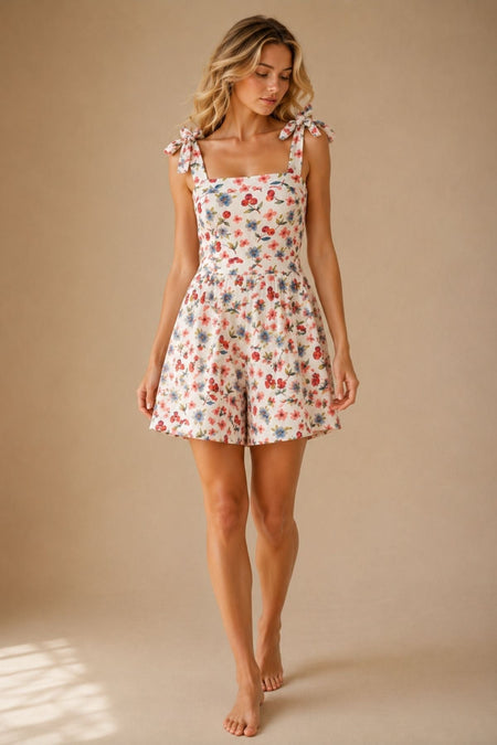 Cherry Patterned Women's Jumpsuit Dress with Tie Detail - MALLTURK