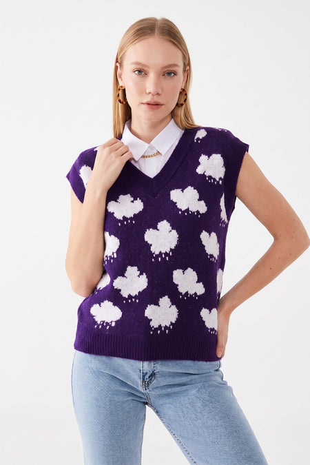Cloud Patterned V-Neck Knit Sweater - MALLTURK