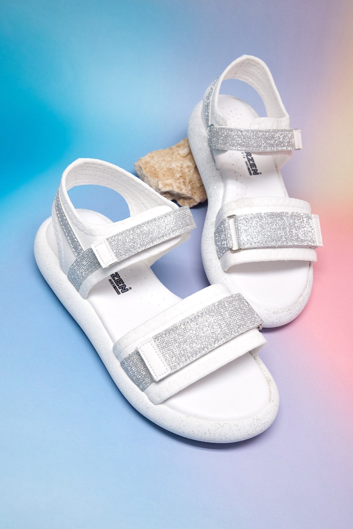 Çocuk Çift Cırtlı Simli Sandalet Çocuk Unisex Beyaz Gümüş Simli Sandalet TBARZ1140 - MALLTURK