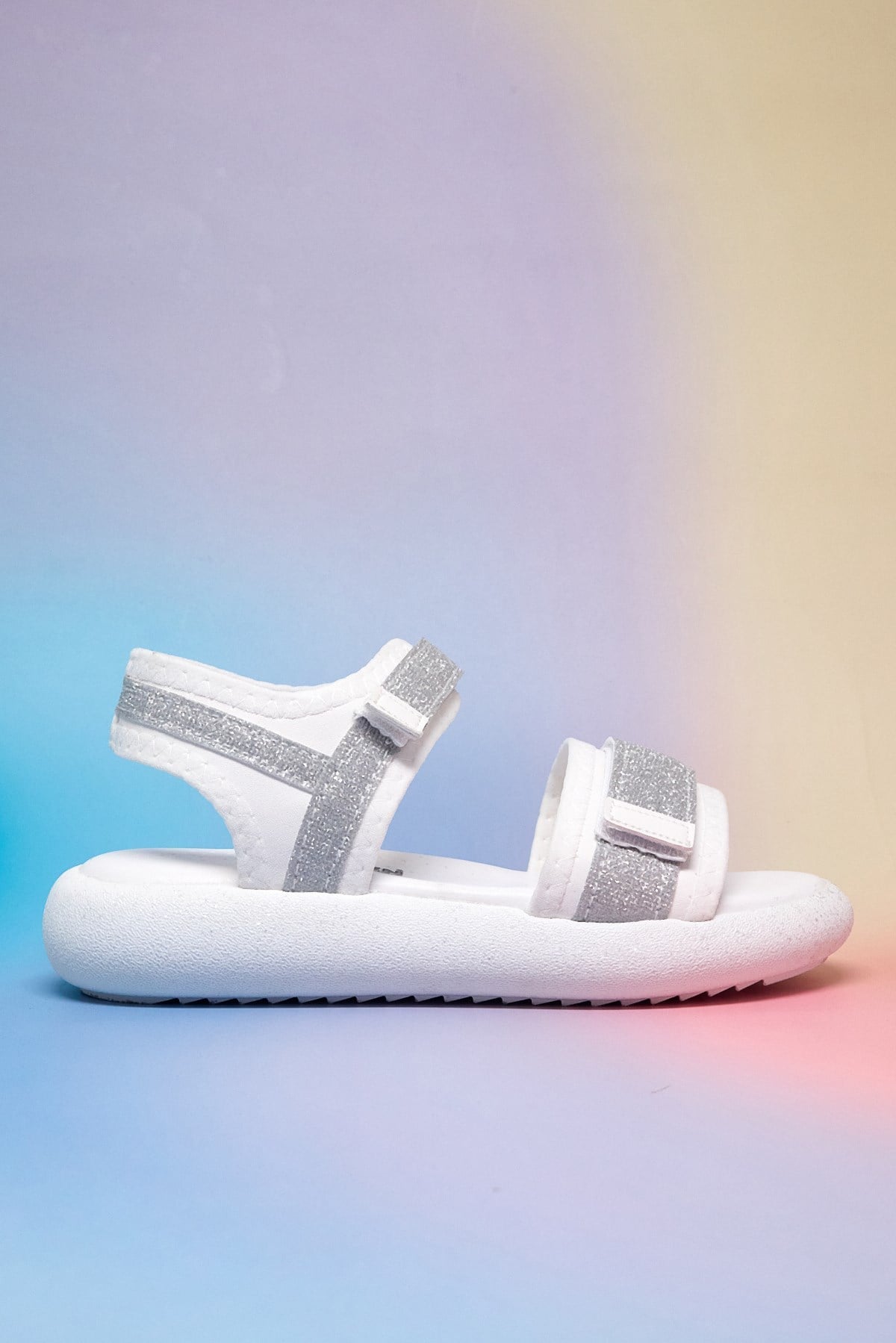 Çocuk Çift Cırtlı Simli Sandalet Çocuk Unisex Beyaz Gümüş Simli Sandalet TBARZ1140 - MALLTURK