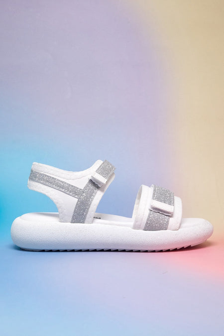 Çocuk Çift Cırtlı Simli Sandalet Çocuk Unisex Beyaz Gümüş Simli Sandalet TBARZ1140 - MALLTURK
